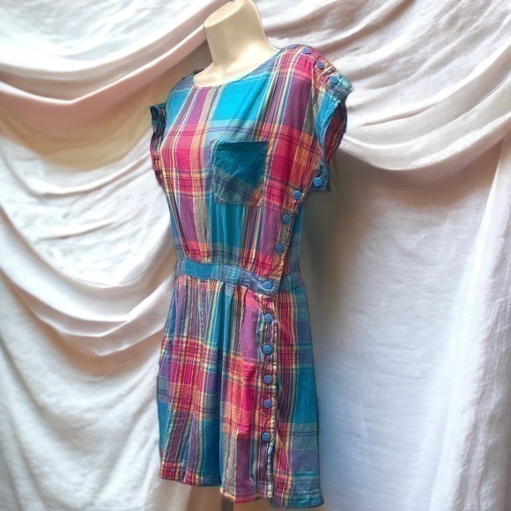 Vintage 1980’s Madras Plaid Cotton Romper Playsuit Pink, Blue, Green Size XS